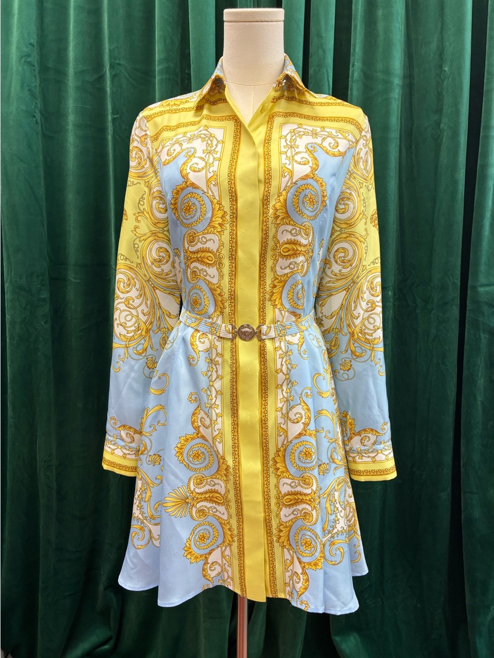 Versace Yellow & Light Blue Baroque Print Long-Sleeve Shirt Dress